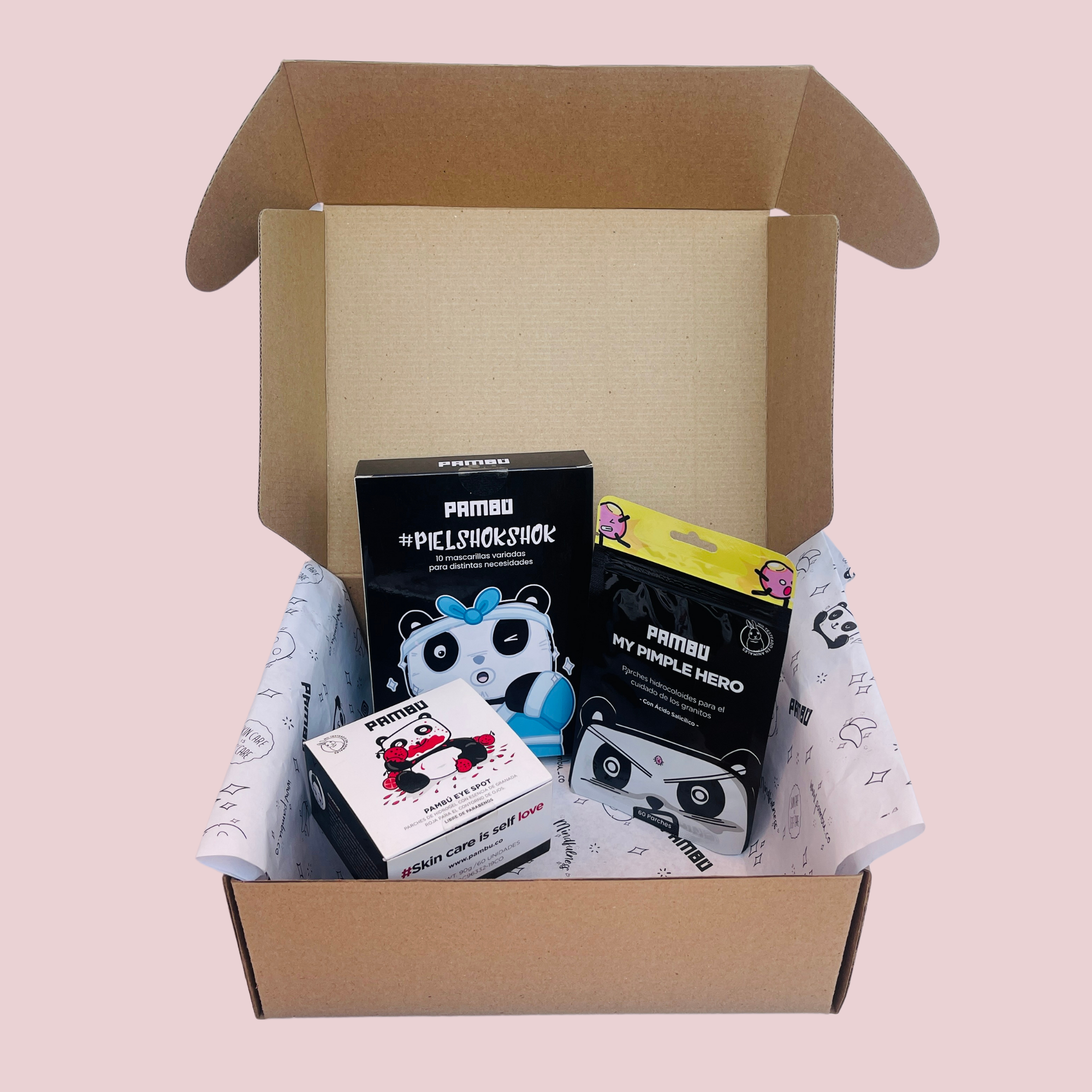 Cajita PAMBÚ #1 – Kit de 10 Mascarillas Variadas + Parches para Ojos y Anti Acné